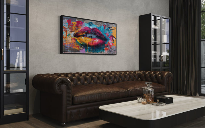 Trippy Lips Graffiti Painting Framed Large Canvas Wall Decor in a living room with a couch and a table