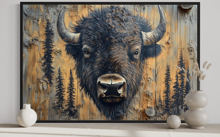 a painting of a bison with trees in the background