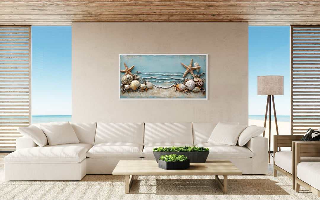 Starfish And Seashells Framed Beach House Canvas Wall Art in a beach house