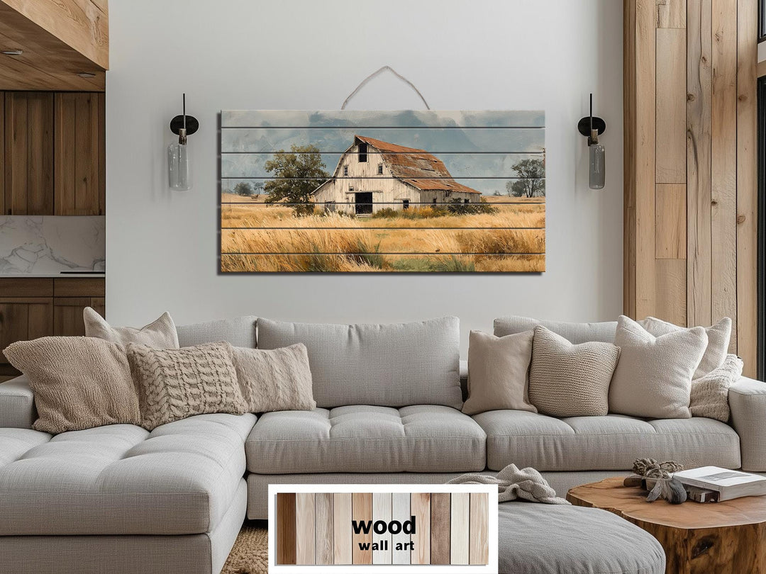 Rustic Old Barn in Wheat Field Distressed Wood Wall Art