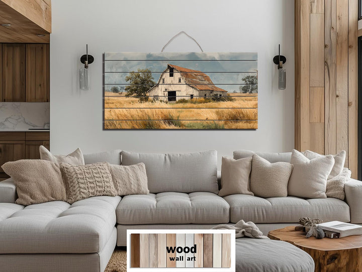 Rustic Old Barn in Wheat Field Distressed Wood Wall Art