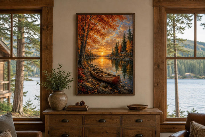 Canoe In Autumn Lake Wall Art - Fall Painting | Vertical Canvas Print, Rustic Cabin Decor