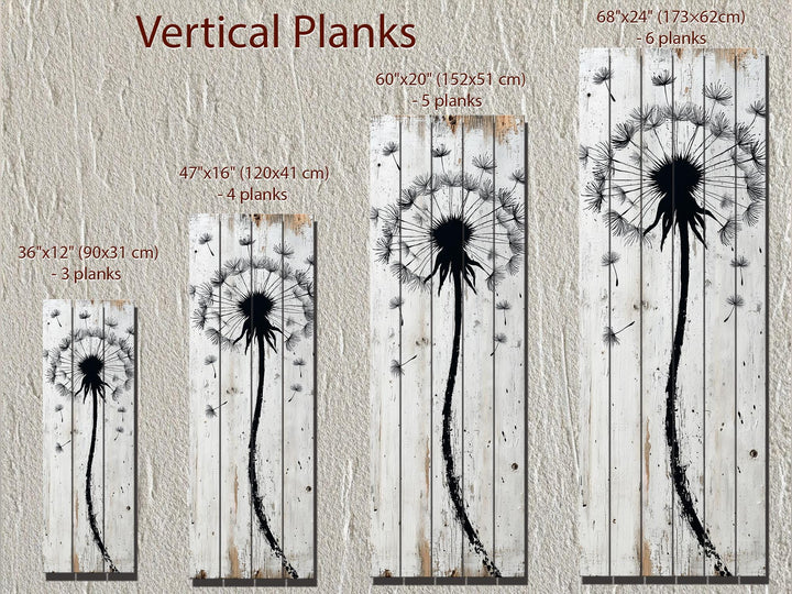 Tall Vertical Dandelion Wall Art - Whitewashed Distressed Wood Slim Rustic Floral Decor