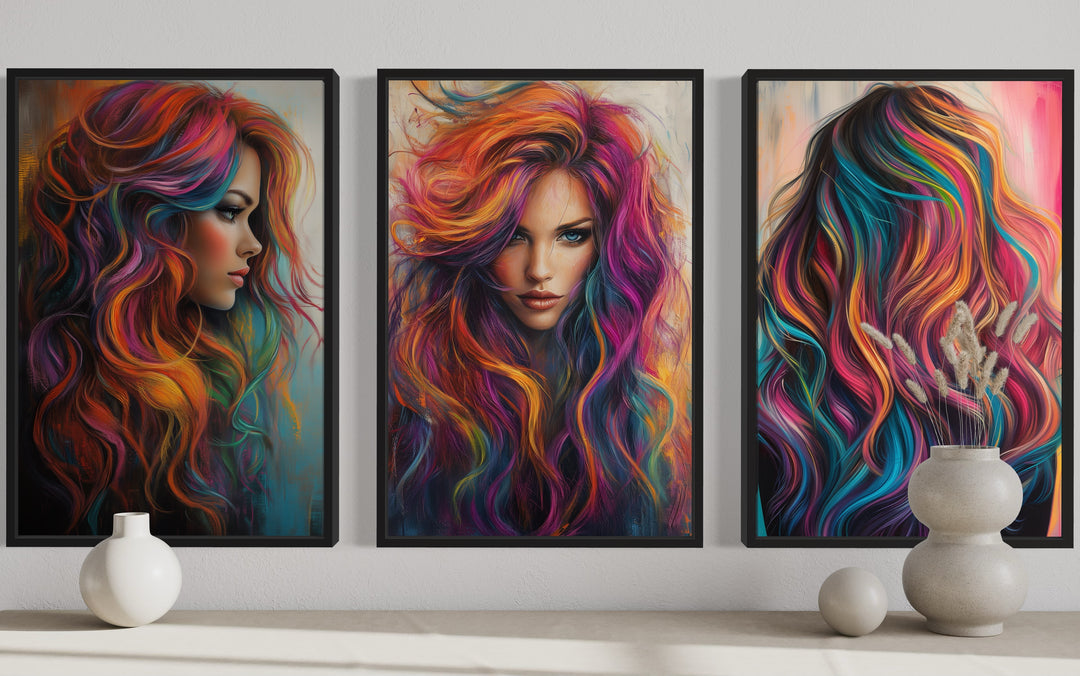 Hair Salon 3 Piece Framed Canvas Wall Art - Rainbow Colored Woman Painting Print close up