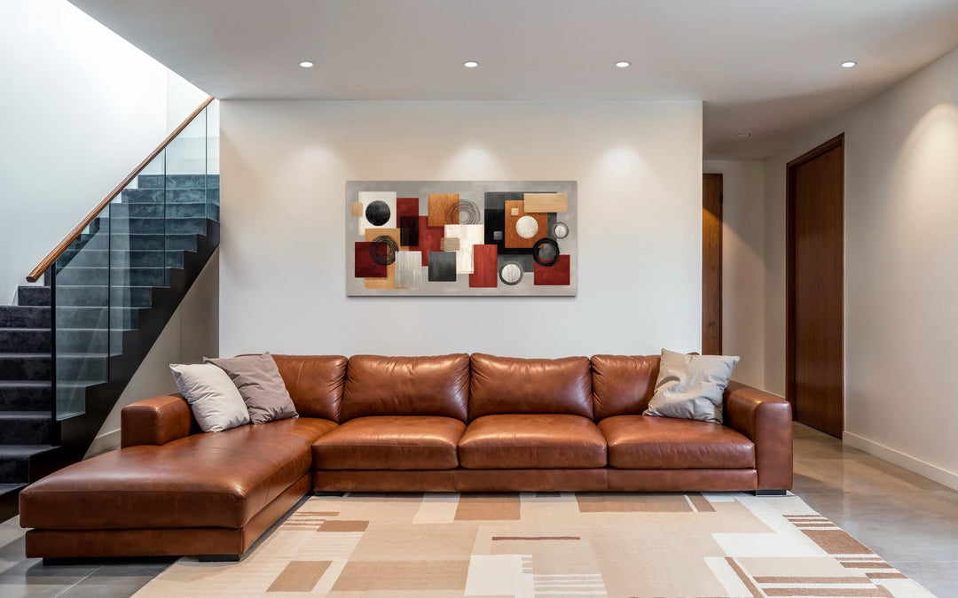 Modern Geometric Abstract  Red, Black, Beige and Orange Shapes Canvas Wall Art