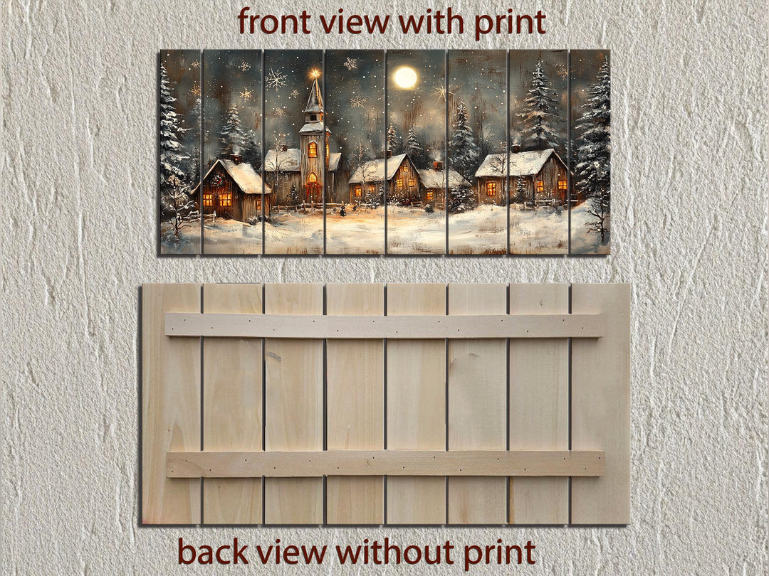 Rustic Christmas Snowy Village Distressed Wood Wall Art