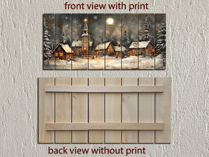 Rustic Christmas Snowy Village Distressed Wood Wall Art