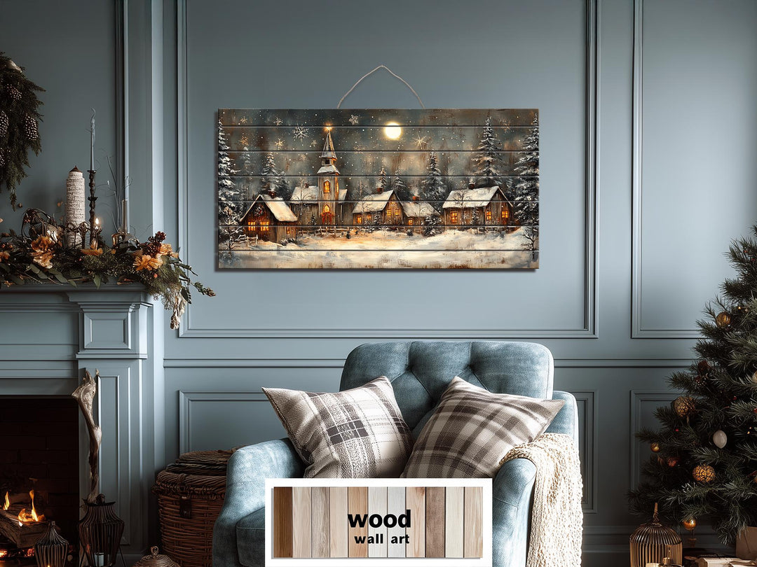 Rustic Christmas Snowy Village Distressed Wood Wall Art
