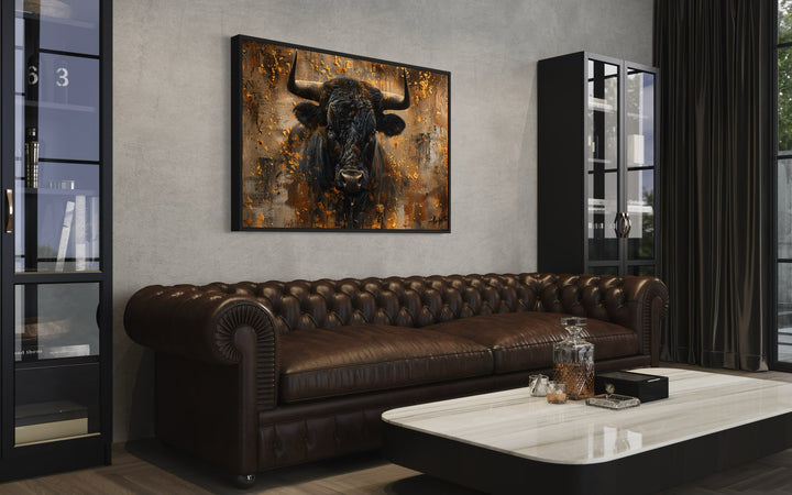 Charging Bull Head on Gold and Black Framed Canvas Wall Art in man cave