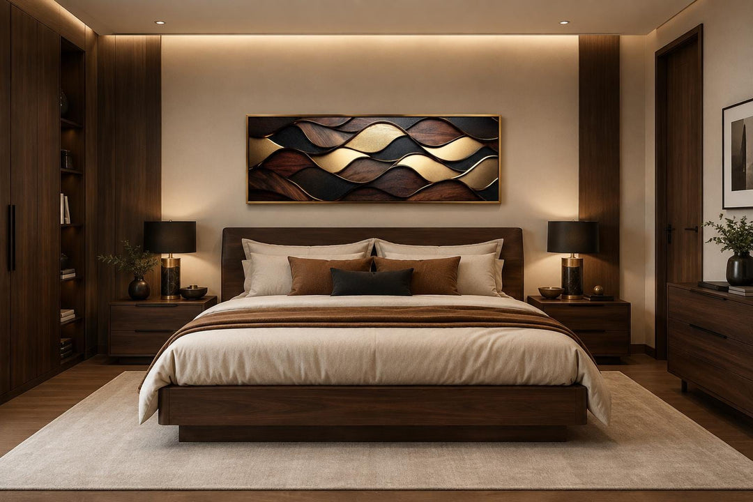 Long horizontal abstract canvas with brown and gold geometric wood texture waves above a bed.