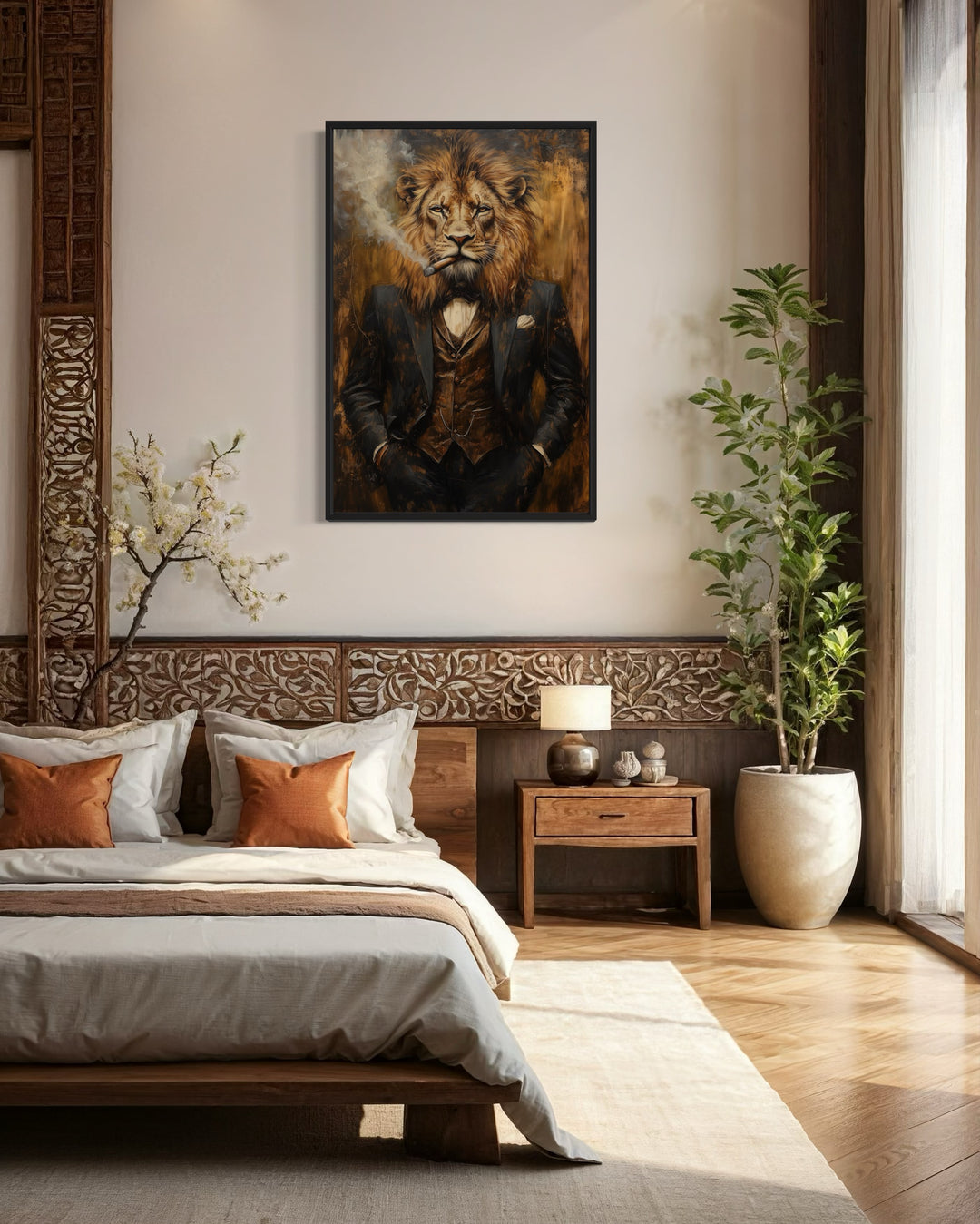 Regal Lion In Suit Smoking Cigar Canvas Wall Art For Men in bedroom