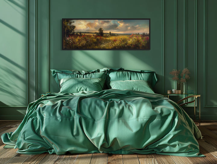 Vintage Wildflowers Field Landscape at Sunset Panoramic Canvas Wall Art in a bedroom with green walls