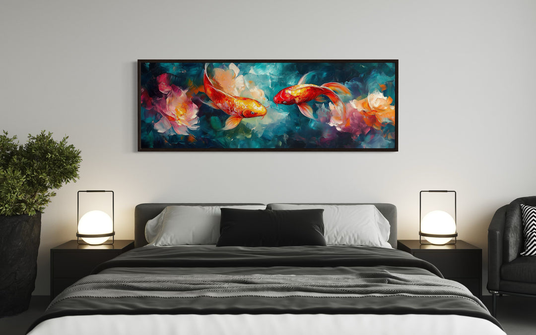 Colorful Koi Fish In The Pond Long Narrow Framed Canvas Wall Art above bed