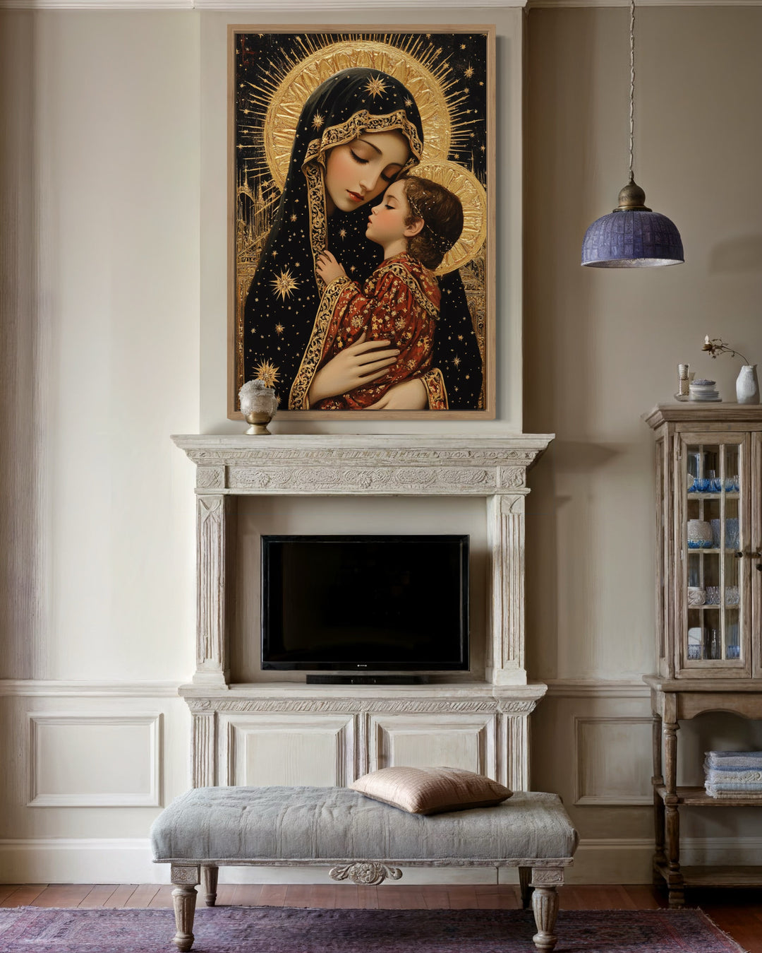 Virgin Mary And Baby Jesus Modern Icon Framed Christian Canvas Wall Art above mantel