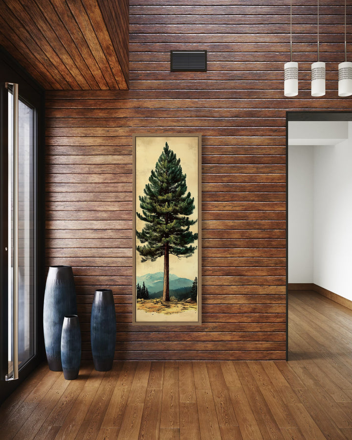 Tall Narrow Vertical Rustic Pine Tree Framed Canvas Wall Art