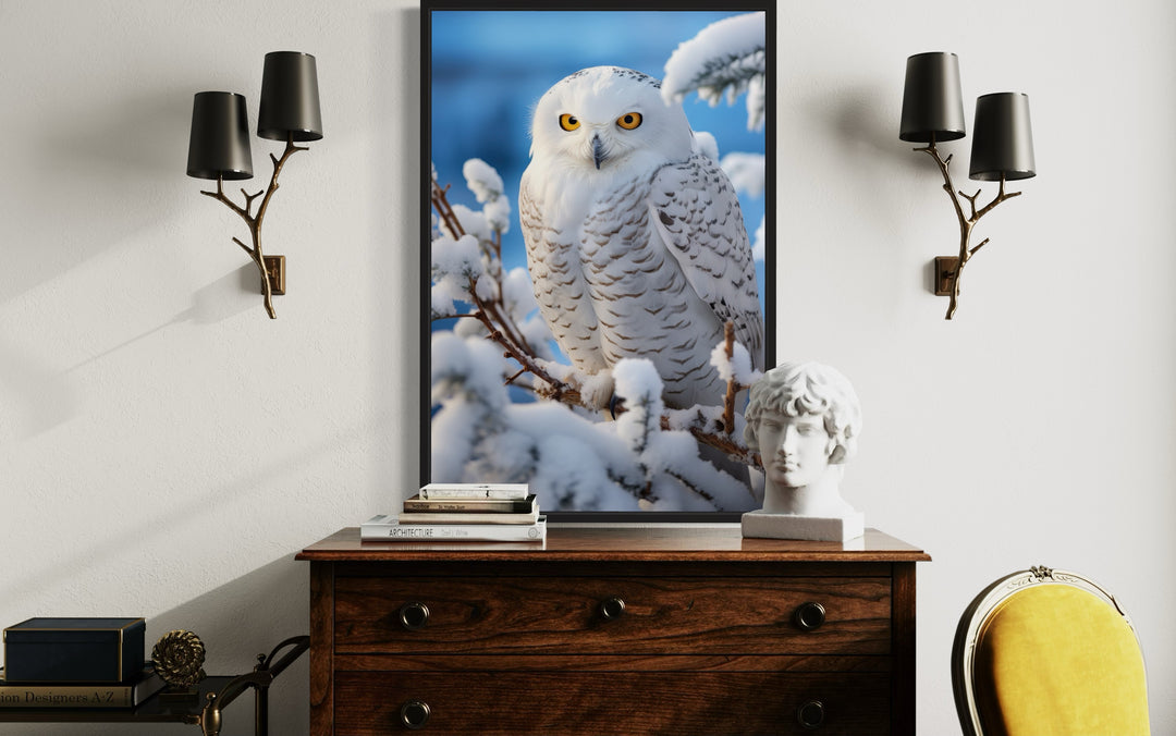 Snowy Owl In Snow Photography Style Framed Canvas Wall Art above table