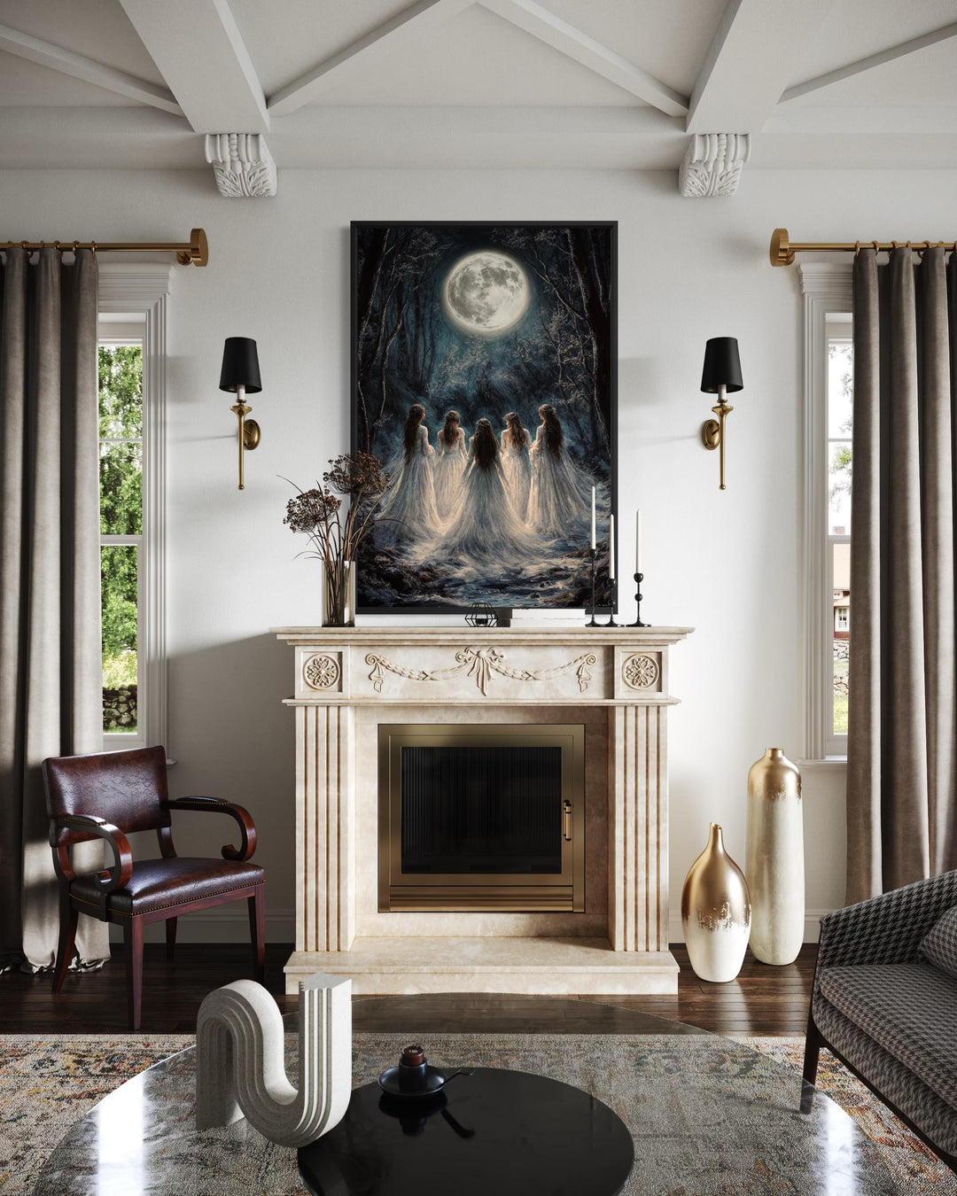 Vertical canvas print of five witches in white robes under a full moon in a dark forest.