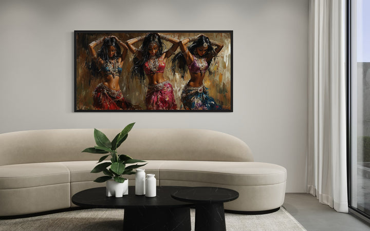 Three Indian Belly Dancers Framed Canvas Wall Art in living room