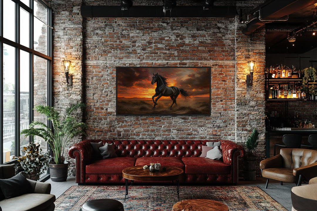 Black Stallion at Sunset Framed Canvas Wall Art