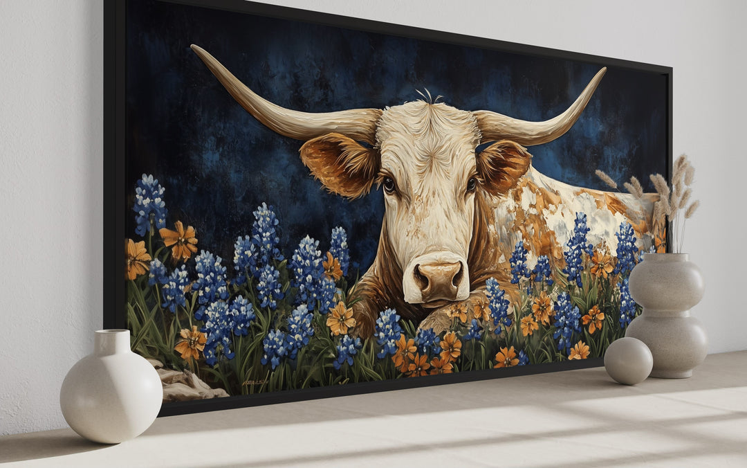 Rustic Texas Longhorn Cow In Bluebonnets Field Framed Canvas Wall Art side view