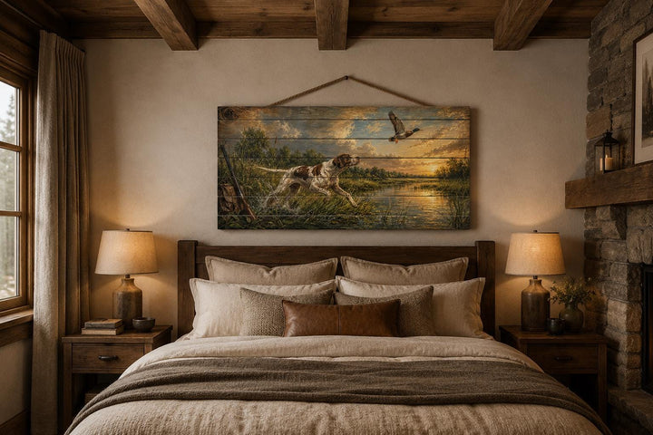Hunting dog chasing a duck at sunset on distressed wood wall art above a bed in a rustic cabin.