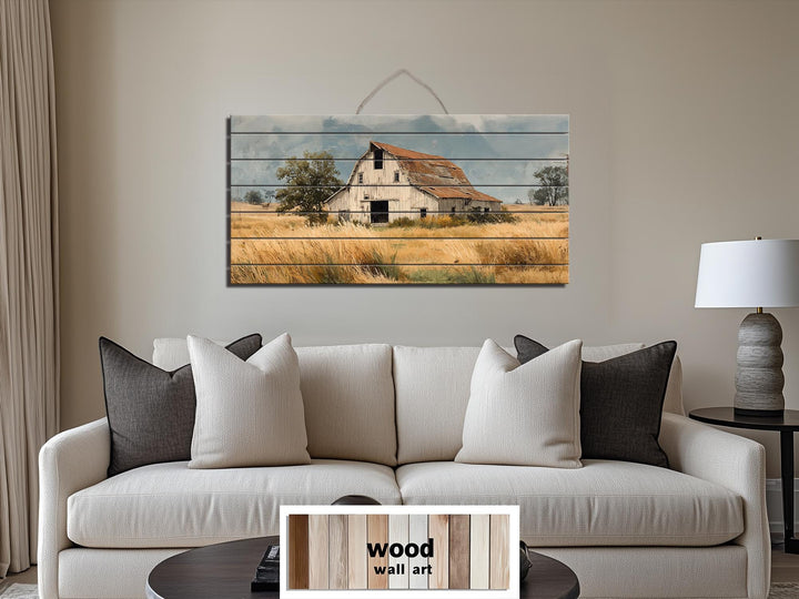 Rustic Old Barn in Wheat Field Distressed Wood Wall Art