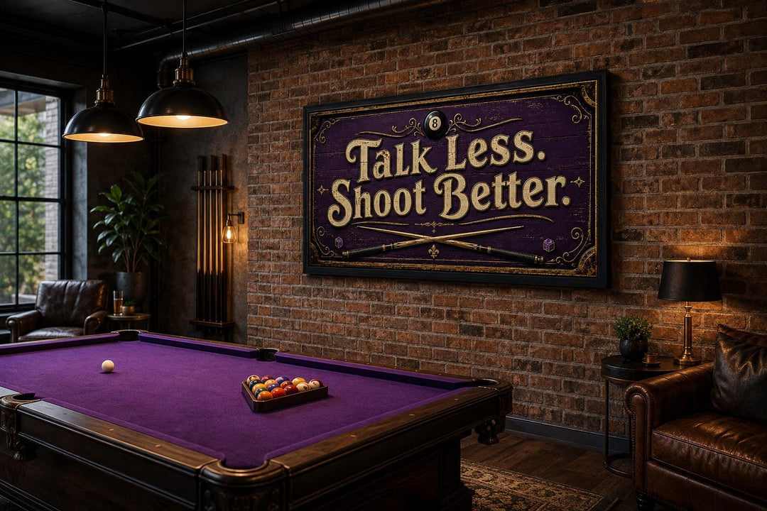 Talk Less Shoot Better Vintage Pool Hall Sign with Crossed Cues and 8-Ball, Purple Gold Billiards Wall Art