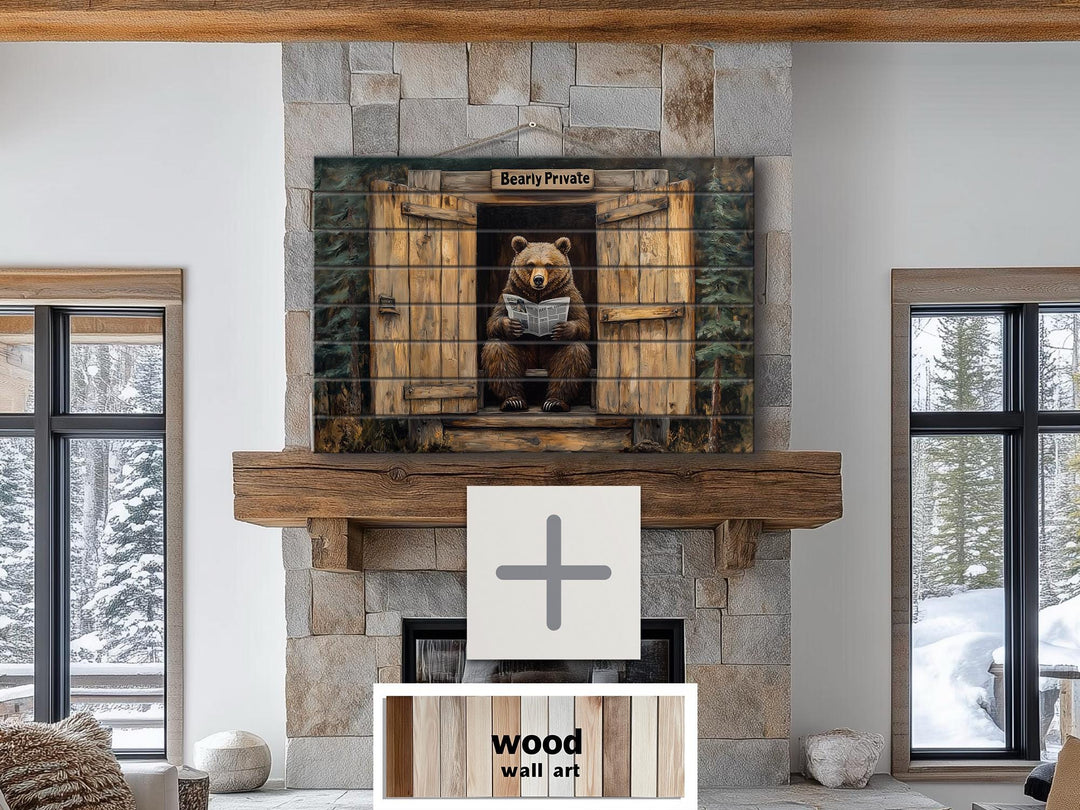 Funny Bear In Outhouse Distressed Wood Wall Art