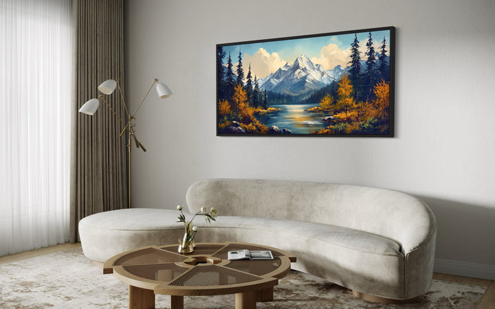 Mountain Lake Scenic Autumn Landscape Framed Canvas Wall Art in living room