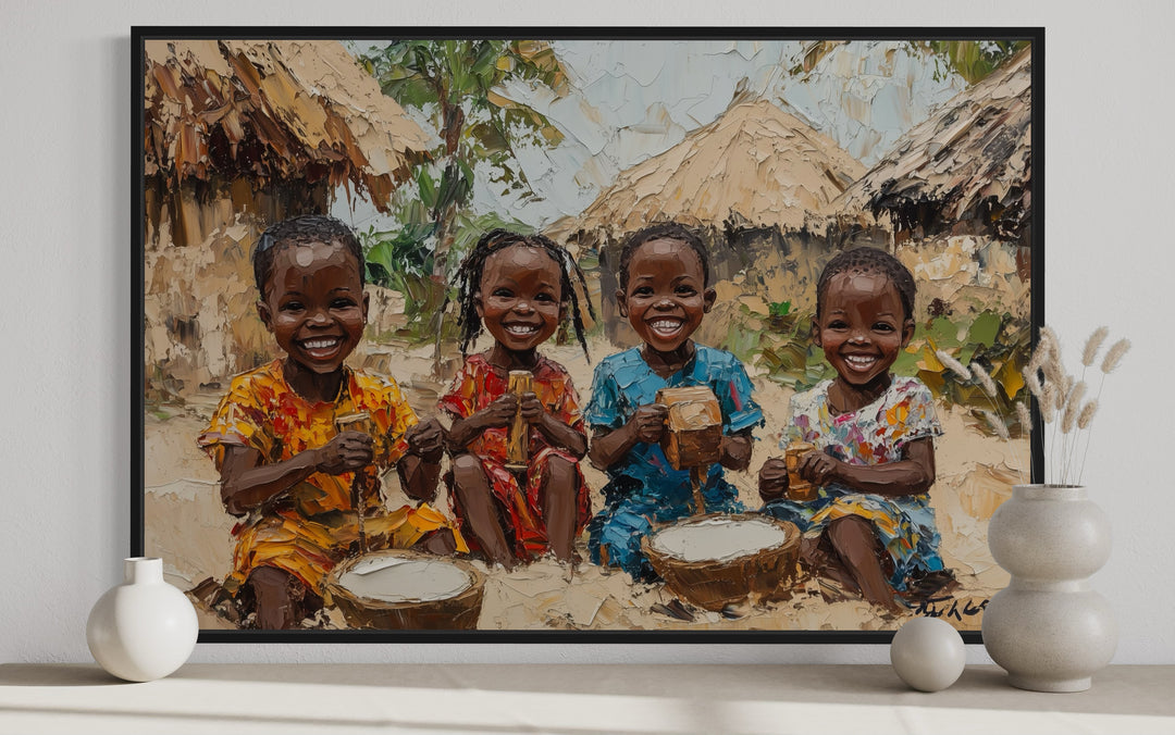 a painting of three black african kids playing