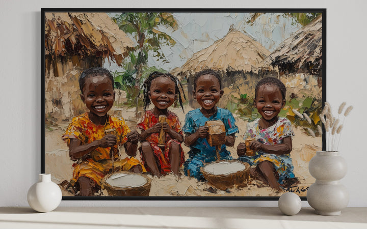 a painting of three black african kids playing