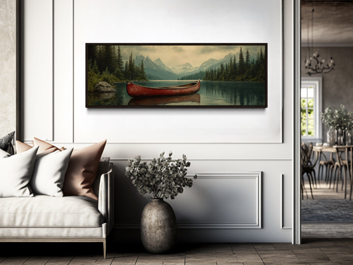 Old Red Canoe In The Lake Rustic Framed Canvas Wall Art in rustic lake house