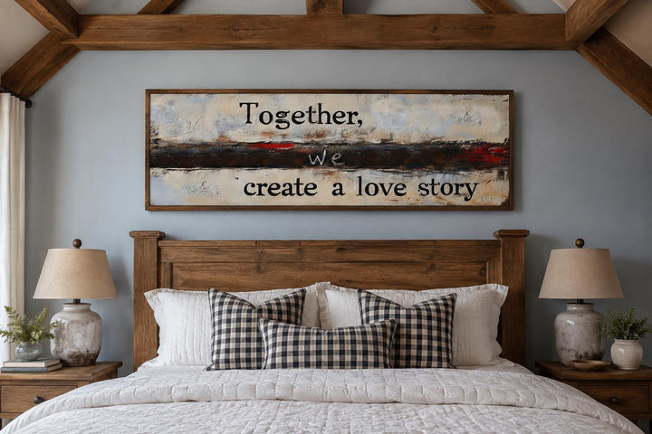 Horizontal canvas wall art with romantic quote above a wooden headboard in a rustic bedroom.