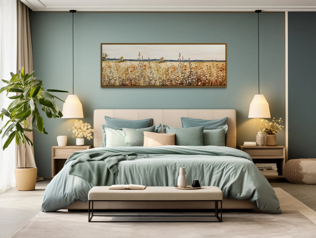 Rustic Vintage Yellow Wildflowers Field Horizontal Canvas Wall Art above bed