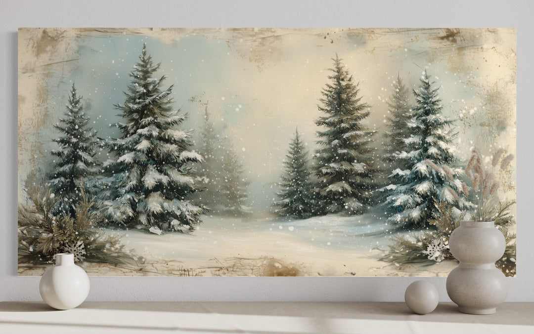 a painting of a winter scene with snow covered trees