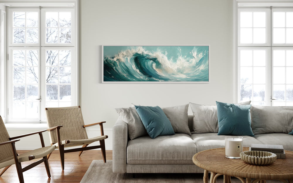 Teal Ocean Wave Coastal Horizontal Framed Canvas Wall Art in a living room filled with furniture and a painting on the wall