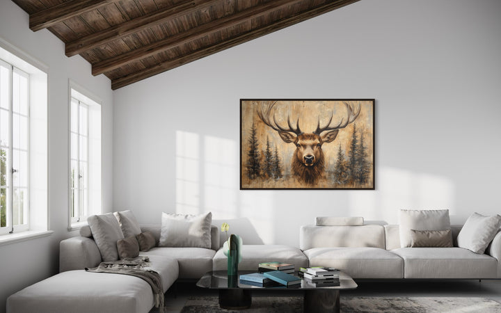 Deer Painted On Wood Framed Canvas Wall Art For Cabin Decor in rustic room