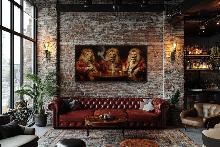 Royal Lions Drinking Whiskey Smoking Cigar Framed Bar Canvas Wall Art on brick wall