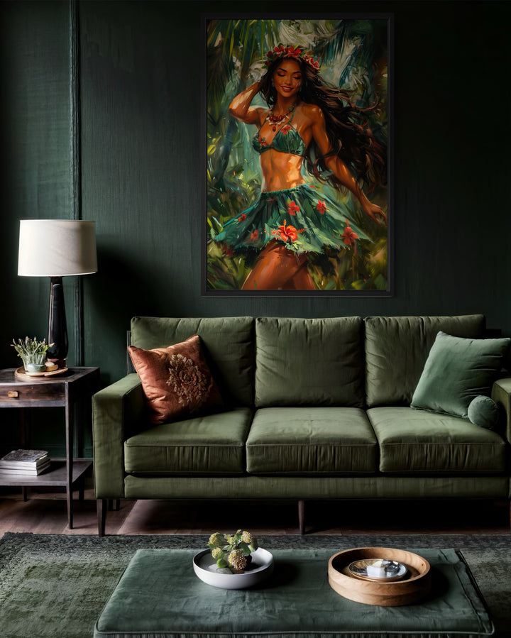 Hula Girl Dancing Traditional Hula Dance Hawaii Canvas Wall Art above green couch