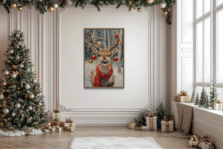 Christmas Reindeer With Red Scarf And Ornaments Canvas Wall Art