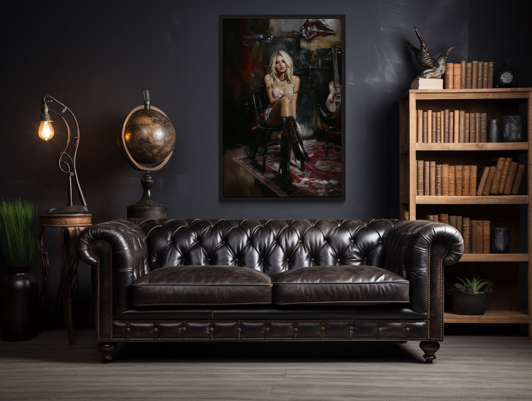 Moody Blonde Girl in Dark Room Framed Canvas Wall Art in the study room