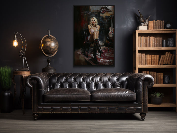 Moody Blonde Girl in Dark Room Framed Canvas Wall Art in the study room