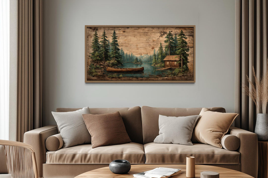 Canoe In The Lake And Pine Forest Scene Canvas Wall Art For Rustic Cabin Decor