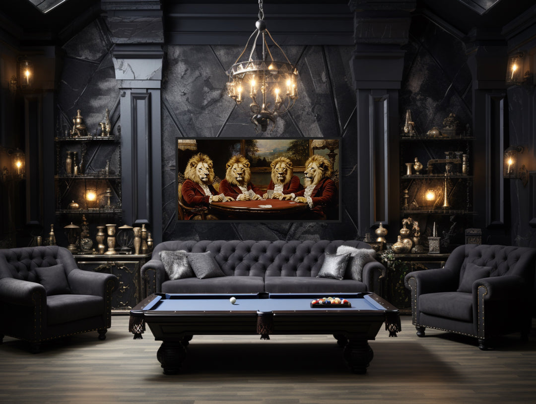 Lions In Suits Playing Poker Smoking Cigars Man Cave Framed Canvas Wall Art in a living room with a pool table and couches