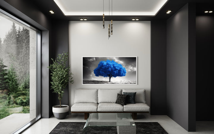 Blue Tree on Black White Background Framed Canvas Wall Art in living room