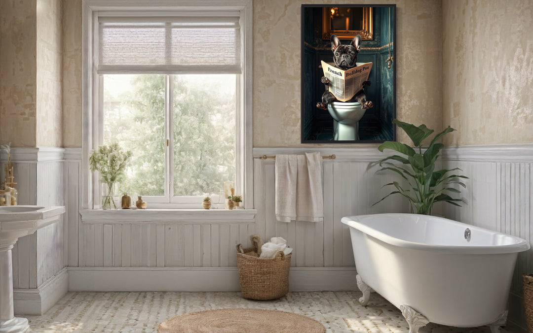 Black French Bulldog On The Toilet Reading Newspaper wall art in bathroom