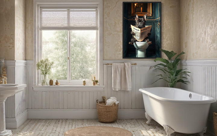 Black French Bulldog On The Toilet Reading Newspaper wall art in bathroom