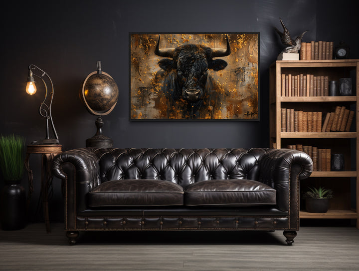 Charging Bull Head on Gold and Black Framed Canvas Wall Art in man cave