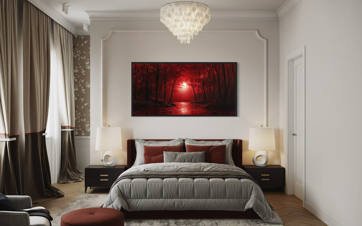 Red Forest And Moon Landscape Framed Canvas Wall Art