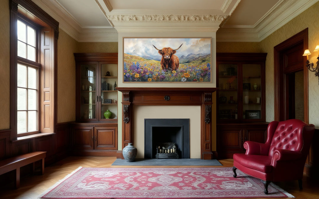 Highland Cow In Wildflower Field Framed Canvas Wall Art above fireplace